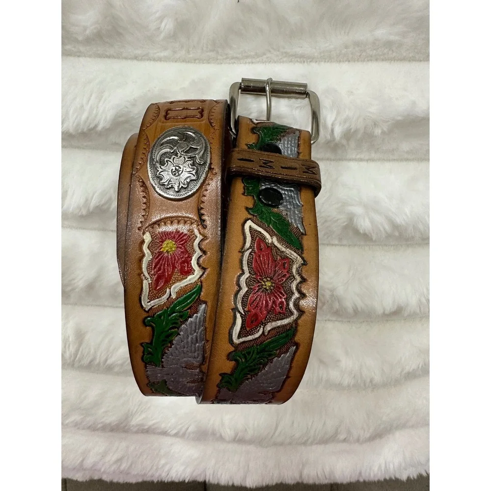 Unbranded Hand Tooled Leather Belt Women Small Tan Good‎ Painted Eagle Floral